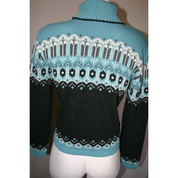 Its Our Time Womens Nordic Pattern Turtleneck Sweater Blue Black Knit Sz Medium - Picture 4 of 6